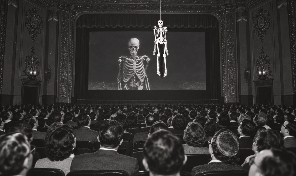 A skeleton hangs over the audience in a movie theater just as the skeleton appears on the screen in the movie House on Haunted Hill, a technique called Emergo.