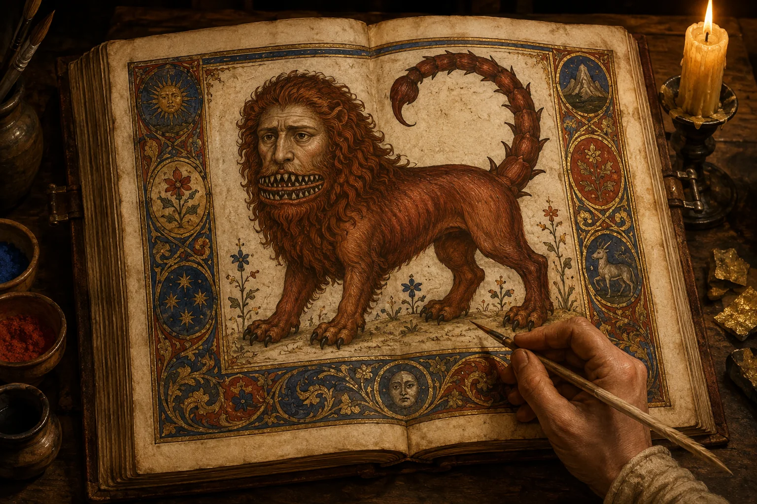 A medieval manuscript artist paints a red manticore with a humanlike face, lion body, three rows of teeth, and a spiked scorpion tail