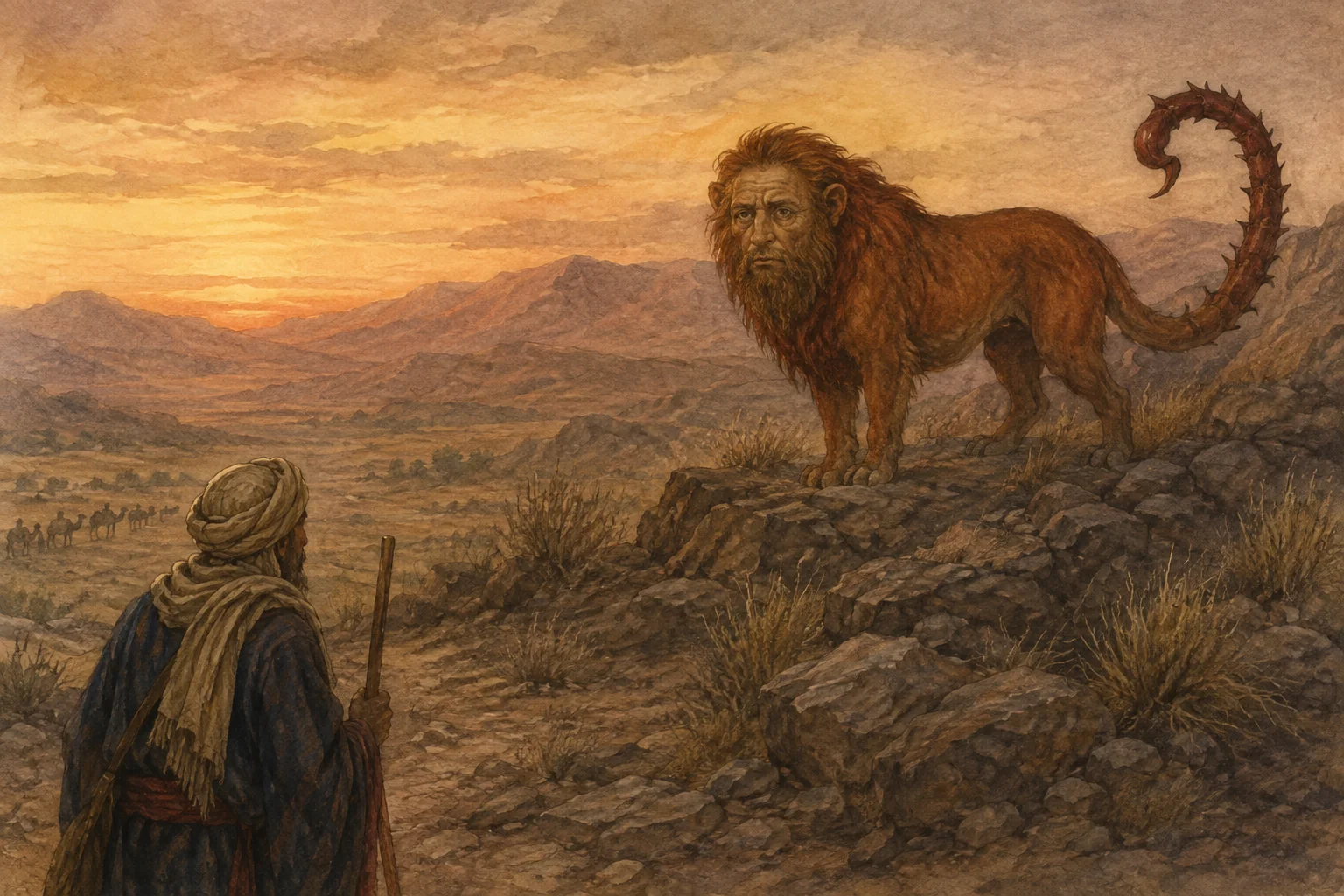 An ancient traveler watches a red, lion-bodied manticore with a humanlike face and scorpion tail in a rocky Persian landscape at dusk