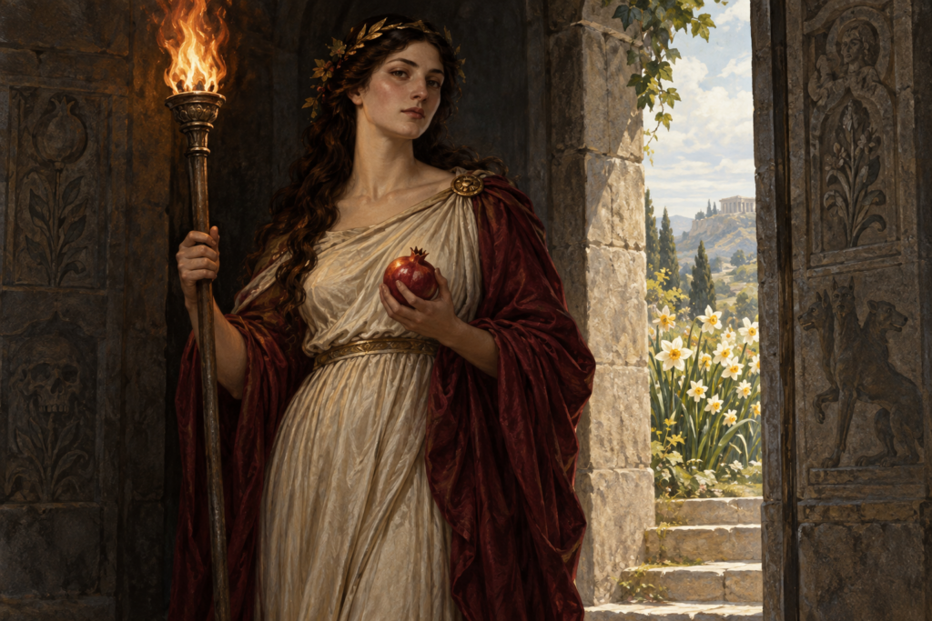 Illustration of Persephone holding a torch and pomegranate beside a stone doorway with narcissus flowers beyond.
